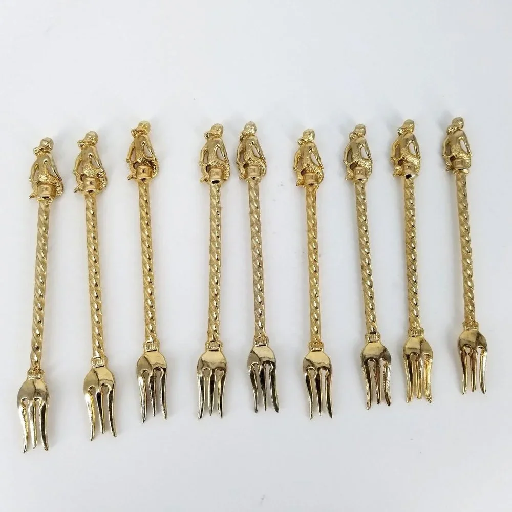 Mermaid Shrimp Crab Olive Fork Cocktail Gold Plated Serving Party Lot of 9 Food